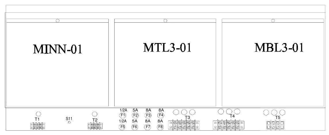 Figure 6 Lower Access Panel Removed — 1/2A F1, 5A F2 5A, 8A F3 8A, 8A F4, T1, S11, T2, T3, T4, T5, 1/2A, 8A, F5, F6, F7, F8