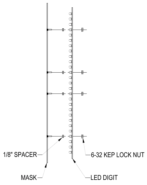 Figure 12 LED Digit Assembly — 1/8" SPACER, 6-32 KEP LOCK NUT, MASK, LED DIGIT