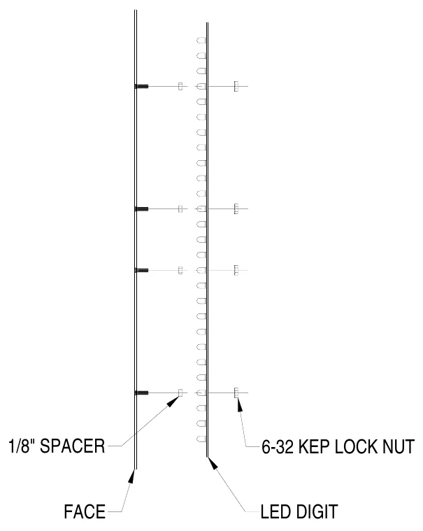 Figure 13 LED Digit Assembly — 1/8" SPACER, 6-32 KEP LOCK NUT, FACE, LED DIGIT