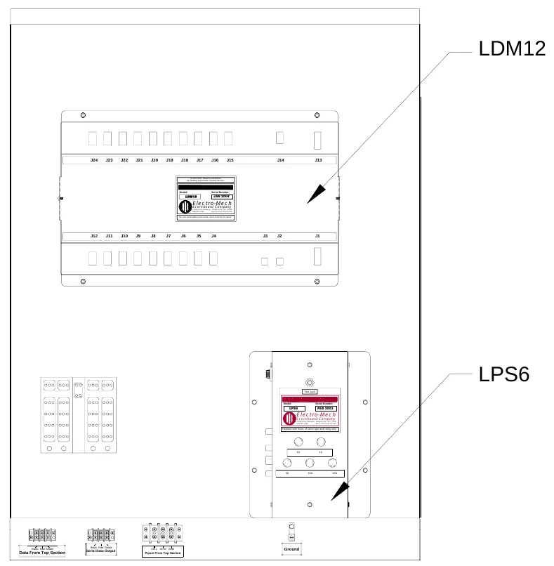 Figure 27 Lower Access Panel Components — LDM12, J24, J23, J22, J21, J20, J19, J18, J17, J16, J15, J14, J13, ATTENTION: Observe precautions for handling electrostatic sensitive devices., Model:, LDM12, Electro-Mech, Serial Number:, JAN 2004, Scoreboard Company, 3 Industrial Parkway, Wrightsville, GA 31096 800-445-7846 www.electro-mech.com, No user replaceable parts inside; return to factory for repair., J12, J11, J10, J9, J8, J7, J6, J5, J4, J3, J2, J1, LPS6, Test Jack, Model:, LPS6, Electro-Mech, Serial Number:, FEB 2003, Scoreboard Company, 3 Industrial Parkway, Wrightsville, GA 31096 800-445-7846 www.electro-mech.com, Replace with fuses of same type and rating only., S E, F U, F U, S E, FU S E, F U S E, FU, 1A, 1A, S E, F U, SE, FU S E, FU SE, SE FU, 3A, 10A, S E FU, 10A, Data From Top Section, Black Red Shield, Serial Data Output, Black Red Shield, Power From Top Section, AC-L, AC-N GND, Ground