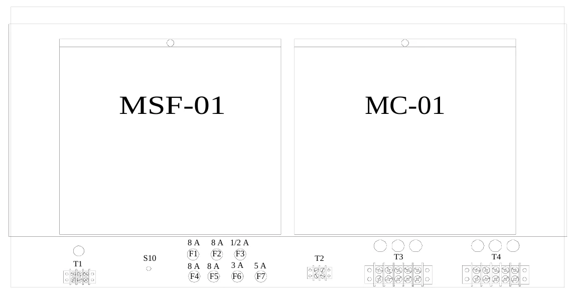 Figure 20 Upper Access Panel Components — MSF-01, MC-01, 8 A 8 A 1/2 A F1 F2 F3 8 A 8 A 3 A 5 A F4 F5 F6 F7, S10, T1, T2, T3, T4
