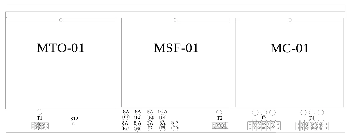 Figure 19 Upper Access Panel Components — MTO-01, MSF-01, MC-01, 8A, 8A, 5A 1/2A, T1, S12, F1, F2, F3, F4, T2, T3, T4, 8A, 8 A, 3A, 8A, 5 A, F5, F6, F7, F8, F9