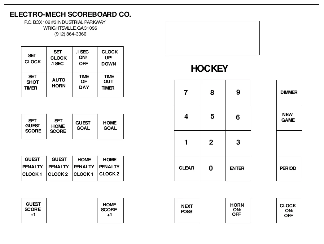 Figure 7 Keypad Layout — ELECTRO-MECH SCOREBOARD CO., P.O. BOX 102 #3 INDUSTRIAL PARKWAY WRIGHTSVILLE, GA 31096 (912) 864-3366, SET CLOCK .1 SEC, .1 SEC ON/ OFF, CLOCK UP/ DOWN, SET CLOCK, HOCKEY, SET SHOT TIMER, TIME OF DAY, TIME OUT TIMER, AUTO HORN, 7, 8, 9, DIMMER, 4, 5, 6, NEW GAME, SET GUEST SCORE, SET HOME SCORE, GUEST GOAL, HOME GOAL, 1, 2, 3, GUEST, GUEST, HOME, HOME, PENALTY, PENALTY, PENALTY, PENALTY, CLEAR, 0, ENTER, PERIOD, CLOCK 1, CLOCK 2, CLOCK 1, CLOCK 2, GUEST SCORE +1, HOME SCORE +1, NEXT POSS, HORN ON/ OFF, CLOCK ON/ OFF