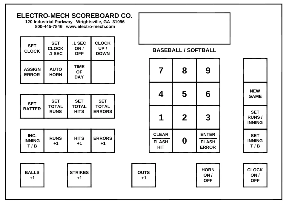 Figure 11 Keypad Layout — ELECTRO-MECH SCOREBOARD CO., 120 Industrial Parkway Wrightsville, GA 31096 800-445-7846 www.electro-mech.com, SET CLOCK, SET CLOCK .1 SEC, .1 SEC ON / OFF, CLOCK UP / DOWN, BASEBALL / SOFTBALL, ASSIGN ERROR, AUTO HORN, TIME OF DAY, NEW GAME, SET BATTER, SET TOTAL RUNS, SET TOTAL HITS, SET TOTAL ERRORS, SET RUNS / INNING, INC. INNING T / B, CLEAR, ENTER, RUNS +1, HITS +1, ERRORS +1, SET INNING T / B, FLASH HIT, FLASH ERROR, BALLS +1, STRIKES +1, OUTS +1, HORN ON / OFF, CLOCK ON / OFF
