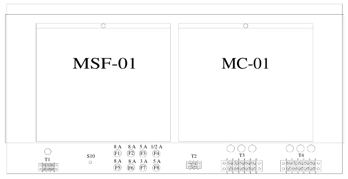 Figure 17 Upper Access Panel Components — MSF-01, MC-01, 8 A F1 8 A F5, 8 A 5 A 1/2 A F2 F3 F4, S10, T1, T2, T3, T4, 8 A 3 A F6 F7, 5 A F8