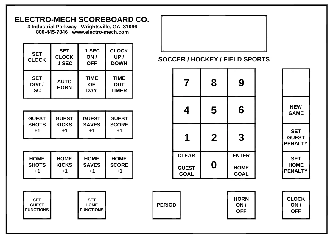 Figure 7 Keypad Layout — ELECTRO-MECH SCOREBOARD CO., 3 Industrial Parkway Wrightsville, GA 31096 800-445-7846 www.electro-mech.com, SET CLOCK, SET CLOCK .1 SEC, .1 SEC ON / OFF, CLOCK UP / DOWN, SOCCER / HOCKEY / FIELD SPORTS, SET DGT / SC, AUTO HORN, TIME OF DAY, TIME OUT TIMER, NEW GAME, GUEST SHOTS +1, GUEST KICKS +1, GUEST SAVES +1, GUEST SCORE +1, SET GUEST PENALTY, HOME SHOTS +1, HOME KICKS +1, HOME SAVES +1, HOME SCORE +1, CLEAR, ENTER, SET HOME PENALTY, GUEST GOAL, HOME GOAL, SET GUEST FUNCTIONS, SET HOME FUNCTIONS, HORN ON / OFF, CLOCK ON / OFF, PERIOD
