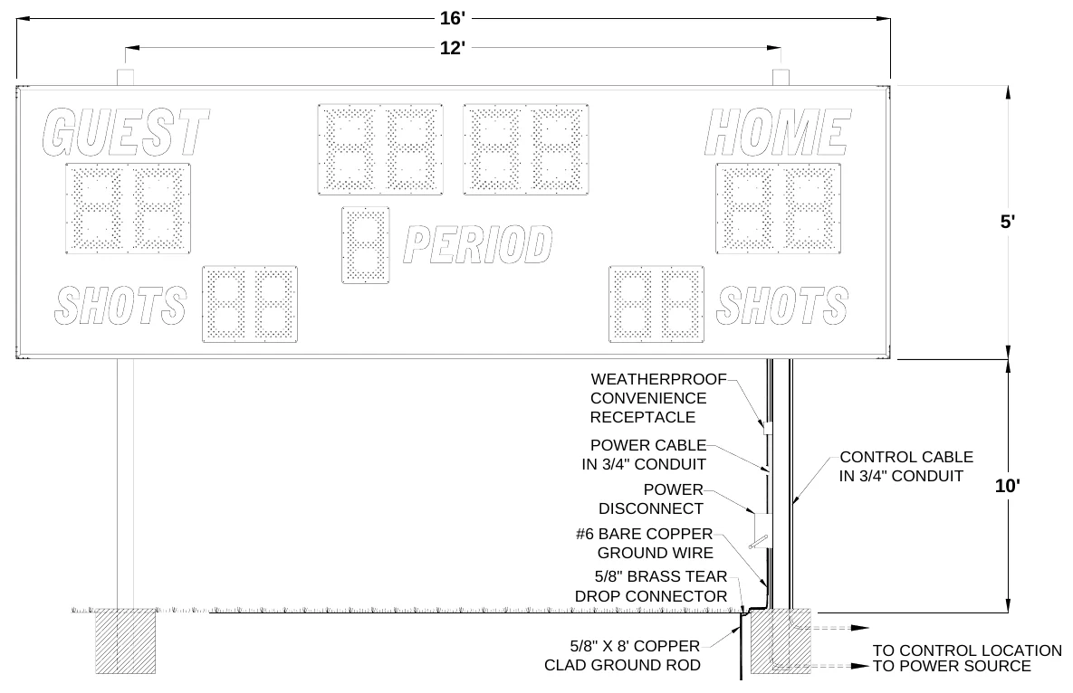 Figure 1 6850 Post Spacing — 16', 12', 5', WEATHERPROOF CONVENIENCE RECEPTACLE, POWER CABLE IN 3/4" CONDUIT, CONTROL CABLE IN 3/4" CONDUIT, POWER DISCONNECT, 10', #6 BARE COPPER GROUND WIRE, 5/8" BRASS TEAR DROP CONNECTOR, 5/8" X 8' COPPER CLAD GROUND ROD, TO CONTROL LOCATION TO POWER SOURCE