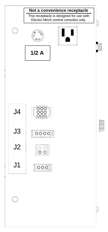 Figure 16 LPS5 Fuse Locations — Not a convenience receptacle, This receptacle is designed for use with Electro-Mech control consoles only., F U S, E, F U, S E, F U S E, 1/2 A, Test Jack, Model:, Serial Number:, LPS5, JAN 2003, Electro-Mech, Scoreboard Company, J4, Replace with fuses of same type and rating only., F U, S E, SE, F U S E, FU S E, J3, F U, 1/2A, 1A, J2, F U, SE, S E, F U SE, F U S E, S F U E, FU, S F U E, J1, 3A, 5A, 5A