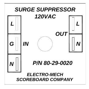 Figure 12 Surge Suppressor Terminals — SURGE SUPPRESSOR 120VAC, L, L, OUT, G, IN, N, N, P/N 80-29-0020, ELECTRO-MECH SCOREBOARD COMPANY