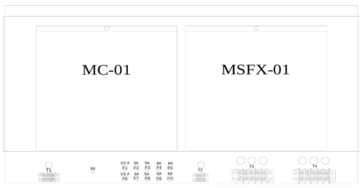 Figure 13 Access Panel Components — MC-01, MSFX-01, 1/2 A F1, 3A F2, 5A F3, 8A F4, 8A F5, T3, T1, S9, T4, T2, 1/2 A F6, 3A F7, 5A F8, 8A F9, 8A, F10