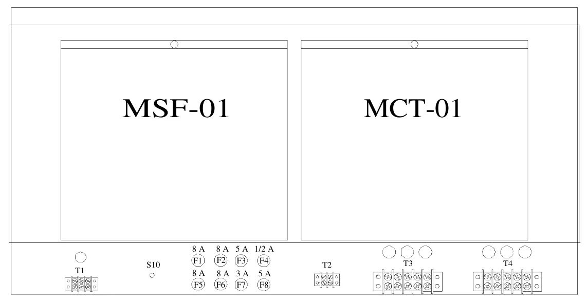 Figure 17 Upper Access Panel Components — MSF-01, MCT-01, 8 A F1 8 A F5, 8 A 5 A 1/2 A F2 F3 F4, S10, T1, T2, T3, T4, 8 A 3 A F6 F7, 5 A F8