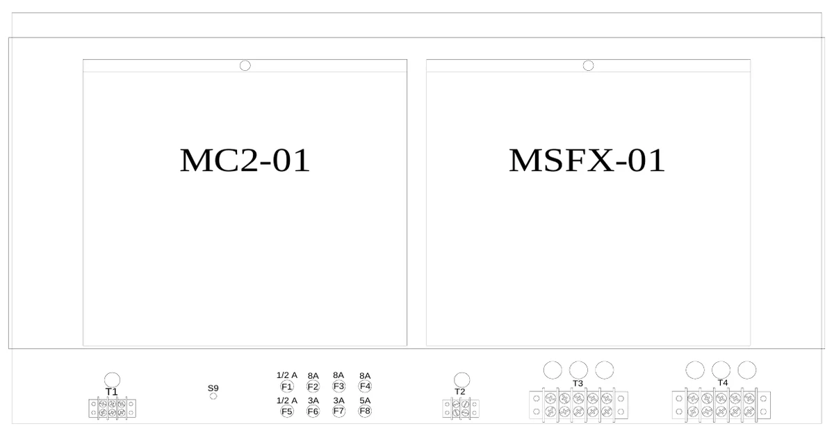 Figure 13 Access Panel Components — MC2-01, MSFX-01, 1/2 A F1, 8A F2, 8A F3, 8A F4, T3, T1, S9, T4, T2, 1/2 A F5, 3A F6, 3A F7, 5A F8