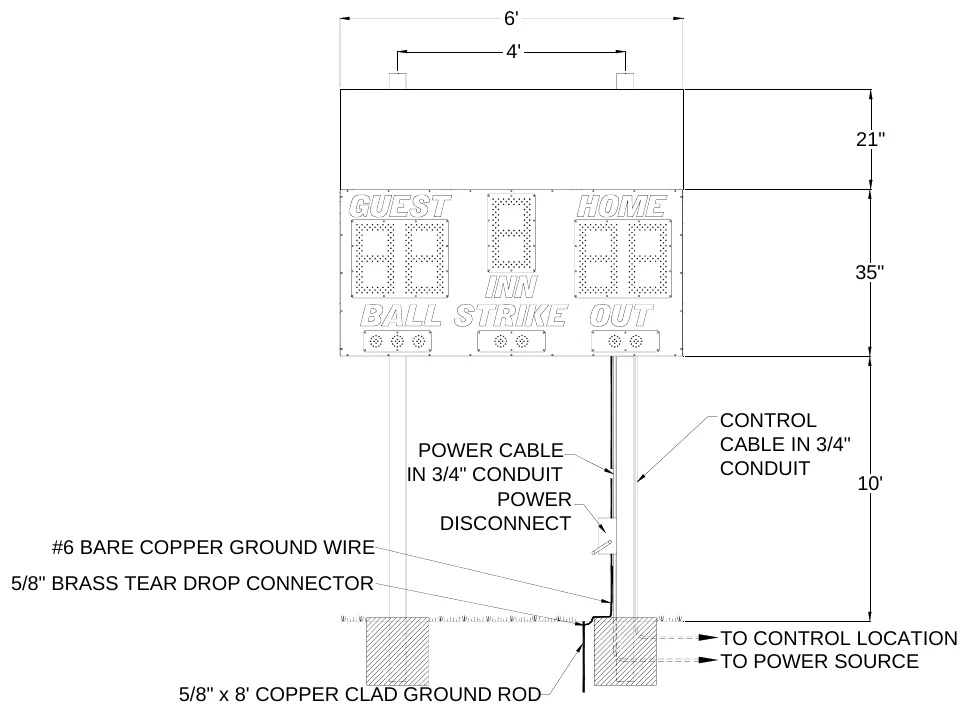 Figure 4 1050 with Top Sponsor Panel Post Spacing — 6', 4', 21", 35", CONTROL CABLE IN 3/4" CONDUIT, POWER CABLE IN 3/4" CONDUIT POWER DISCONNECT, 10', #6 BARE COPPER GROUND WIRE, 5/8" BRASS TEAR DROP CONNECTOR, TO CONTROL LOCATION TO POWER SOURCE, 5/8" x 8' COPPER CLAD GROUND ROD