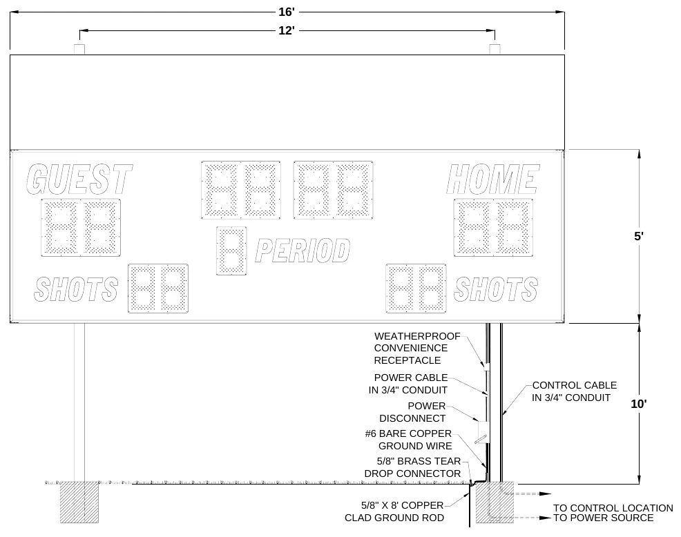 Figure 3 6850 with Optional Top Sponsor Panel Post Spacing — 16', 12', 5', WEATHERPROOF CONVENIENCE RECEPTACLE, POWER CABLE IN 3/4" CONDUIT, CONTROL CABLE IN 3/4" CONDUIT, POWER DISCONNECT, 10', #6 BARE COPPER GROUND WIRE, 5/8" BRASS TEAR DROP CONNECTOR, 5/8" X 8' COPPER CLAD GROUND ROD, TO CONTROL LOCATION TO POWER SOURCE