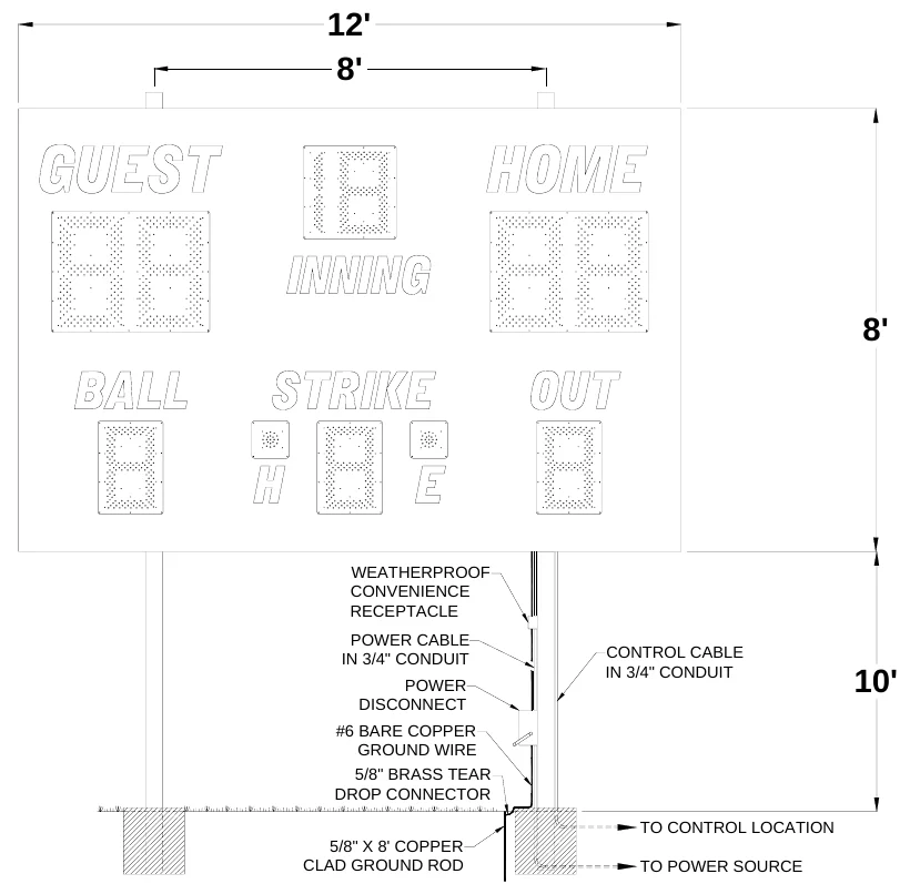 Figure 1 1260 Post Spacing — 12' 8', 8', WEATHERPROOF CONVENIENCE RECEPTACLE, POWER CABLE IN 3/4" CONDUIT, CONTROL CABLE IN 3/4" CONDUIT, POWER DISCONNECT, 10', #6 BARE COPPER GROUND WIRE, 5/8" BRASS TEAR DROP CONNECTOR, TO CONTROL LOCATION, 5/8" X 8' COPPER CLAD GROUND ROD, TO POWER SOURCE