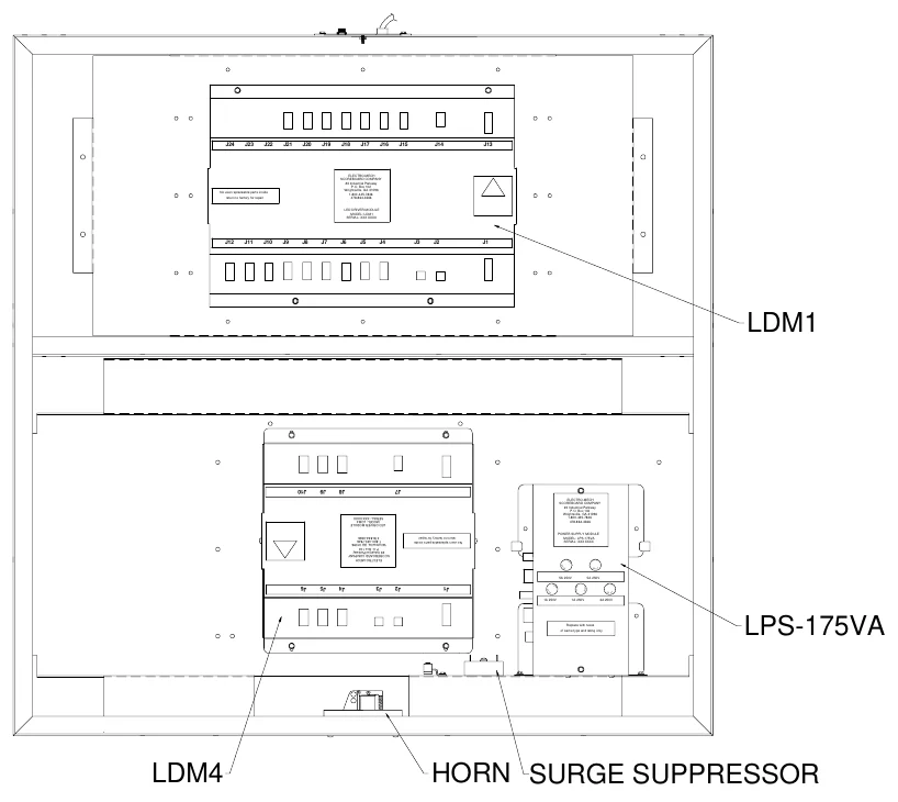 Figure 8 Shot timer Electronics — J24, J23, J22, J21, J20, J19, J18, J17, J16, J15, J14, J13, No user r eplaceab le parts inside retur n to factory for repair, LED DRIVER MODULE MODEL: LDM1 SERIA L: XXX XXXX, J12, J11, J10, J9, J8, J7, J6, J5, J4, J3, J2, J1, LDM1, J10, J9, J8, J7, LED DRIVER MODULE MODEL: LDM4, SERIA L: XXX XXXX, No user r eplaceab le parts inside retur n to factory for repair, POWER SUPPLY MODULE MODE L: LPS-175VA SERIA L: XXX XXXX, 5A 250V, S E, FU, F U, S E, J6, J5, J4, J3, J2, J1, F U, F U S E, 5A 250V, S F U E, S FU E, 1A 250V, S E, F U, S E, F U SE, 3A 250V, S F U E, S F U E, 1A 250V, Replace with fuses of same type an d rating only, LPS-175VA, LDM4, HORN SURGE SUPPRESSOR