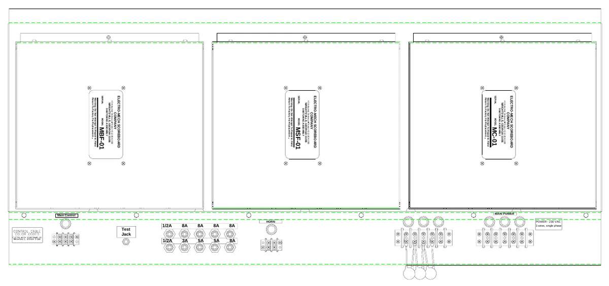 Figure 20 Access Panel Components — Warning: Do Not Attempt To Repair In Field Return To Factory For Replacement, SERIAL, #3 Industrial Parkway Phone # 912-864-3366, ELECTRO-MECH SCOREBOARD COMPANY, Warning: Do Not Attempt To Repair In Field Return To Factory For Replacement, SERIAL, #3 Industrial Parkway Phone # 912-864-3366, ELECTRO-MECH SCOREBOARD COMPANY, Warning: Do Not Attempt To Repair In Field Return To Factory For Replacement, SERIAL, WRIGHTSVILLE, GEORGIA 31096 SWITCHING ASSEMBLY, #3 Industrial Parkway Phone # 912-864-3366, ELECTRO-MECH SCOREBOARD COMPANY, WRIGHTSVILLE, GEORGIA 31096 SWITCHING ASSEMBLY, WRIGHTSVILLE, GEORGIA 31096 SWITCHING ASSEMBLY, MODEL, MODEL, MODEL, MBF-01, MSF-01, MC-01, Main Control, MAIN POWER, 8A, 8A, 8A, 8A, HORN, Test Jack, 1/2A, POWER - 230 VAC 3 wires, single phase, 1/2A, 3A, 5A, 5A, 8A