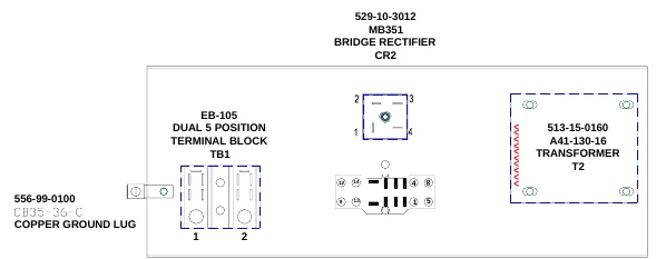 Figure 13 Middle Section Electronics — 529-10-3012 MB351 BRIDGE RECTIFIER CR2, EB-105 DUAL 5 POSITION TERMINAL BLOCK TB1, ^^^^^^^^^^, 513-15-0160 A41-130-16 TRANSFORMER T2, 556-99-0100, COPPER GROUND LUG