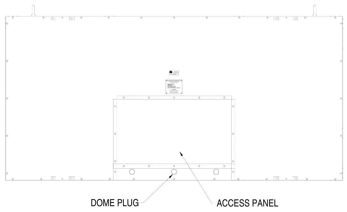 Figure 5 Rear Access Panel — 45236, L IS, ANSI/UL-1433 & ANSI/UL-48, T E D, R, US, CONFORMS TO, ETL LISTED ELECTRIC SIGNS AND CONTROL CENTERS FOR CHANGINE MESSAGE TYPE ELECTRIC SIGNS, ELECTRO-MECH SCOREBOARD CO., #3 Industrial Parkway P.O. Box 102, Wrightsville, GA 31096-0102, Electric shock hazard: Disconnect power before servicing equipment, Check with the applicable state and local codes before installation, CAUTION, DOME PLUG, ACCESS PANEL