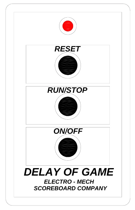 Figure 13 DELAY OF GAME TIMER HAND HELD UNIT — RESET, RUN/STOP, ON/OFF, DELAY OF GAME, ELECTRO - MECH SCOREBOARD COMPANY
