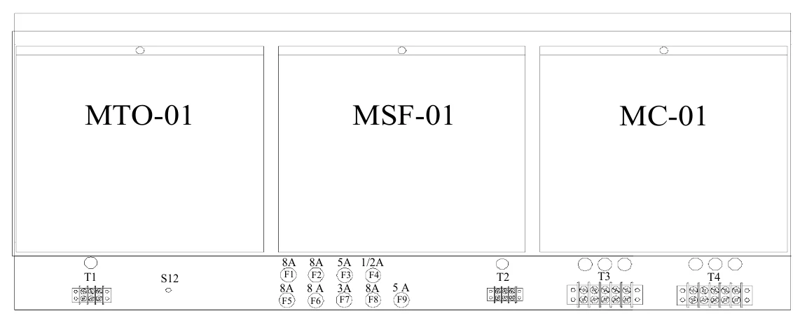 Figure 8 Upper Access Panel Removed — MTO-01, MSF-01, MC-01, 8A, 8A, 5A 1/2A, T1, S12, F1, F2, F3, F4, T2, T3, T4, 8A, 8 A, 3A, 8A, 5 A, F5, F6, F7, F8, F9