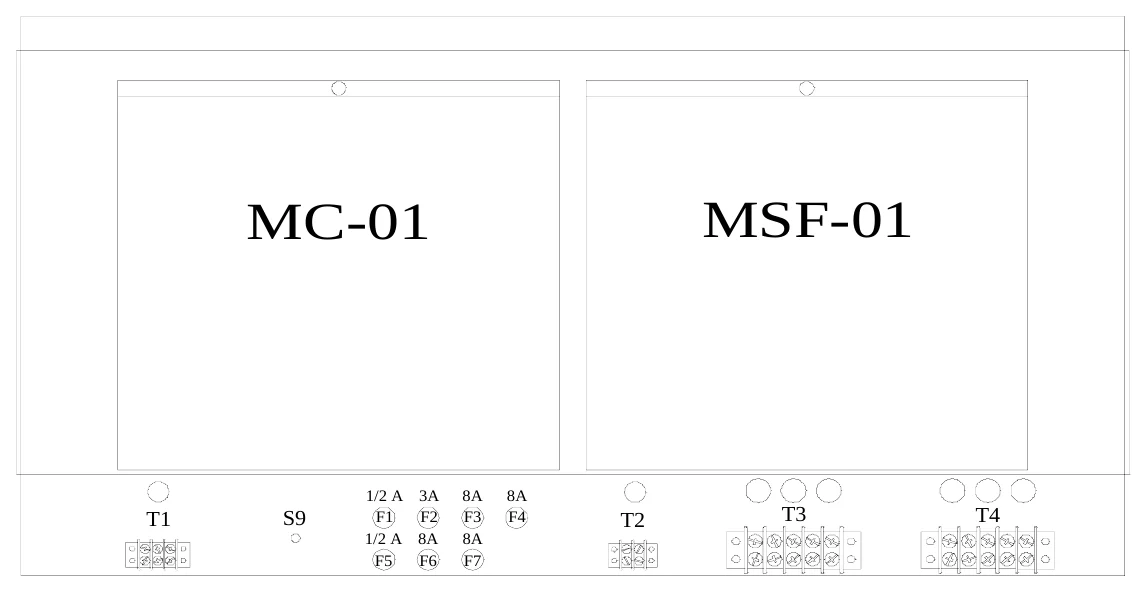 Figure 13 Access Panel Components — MC-01, MSF-01, 1/2 A 3A F1 F2 1/2 A 8A F5 F6, 8A F3 8A F7, 8A F4, T1, S9, T2, T3, T4
