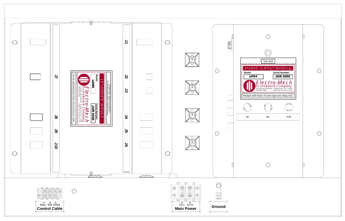 Figure 14 Access Panel Components — J1, Test Jack, J7, No user replaceable parts inside; return to factory for repair., Model:, J2, Model:, LPS4, Serial Number:, JUN 2002, LDM5, ATTENTION: Observe precautions for handling electrostatic sensitive devices., Electro-Mech, 3 Industrial Parkway, Wrightsville, GA 31096 800-445-7846 www.electro-mech.com, Scoreboard Company, Electro-Mech, Scoreboard Company, J3, 3 Industrial Parkway, Wrightsville, GA 31096 800-445-7846 www.electro-mech.com, Replace with fuses of same type and rating only., JUN 2002, Serial Number:, F U, SE, S E, F U S E, F U S E, S F U E, FU, S F U E, J8, J4, 3A, 8A, 1/2A, J9, J5, J10, J6, Black Red Shield, AC-L AC-N, Control Cable, Main Power, Ground