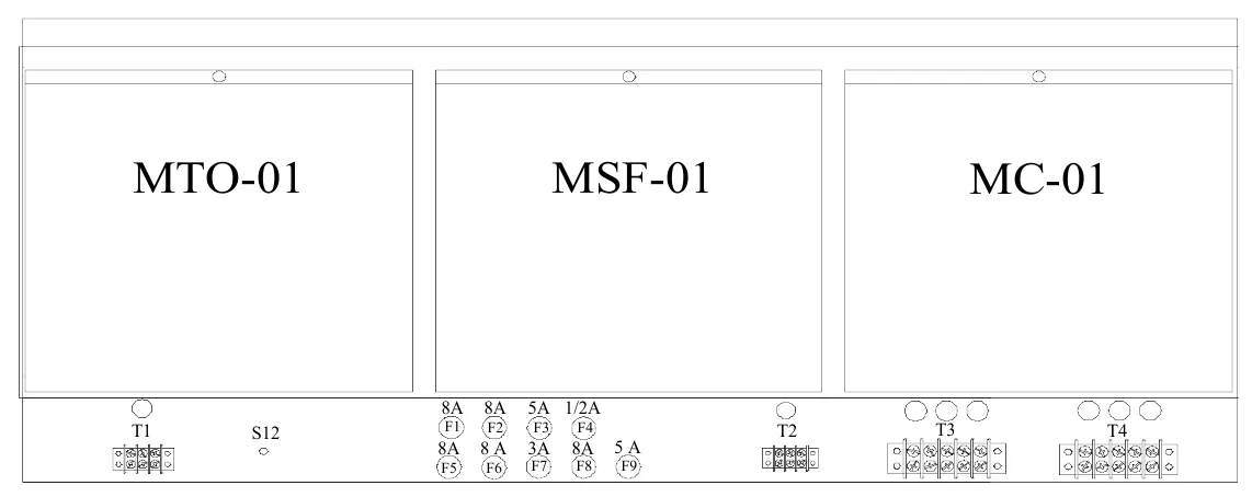 Figure 21 Upper Access Panel Components — MTO-01, MSF-01, MC-01, 8A, 8A, 5A 1/2A, T1, S12, F1, F2, F3, F4, T2, T3, T4, 8A, 8 A, 3A, 8A, 5 A, F5, F6, F7, F8, F9