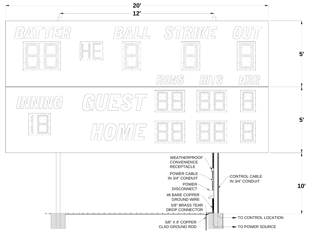 Figure 1 1480 Post Spacing — 20' 12', 5', 5', WEATHERPROOF CONVENIENCE RECEPTACLE, POWER CABLE IN 3/4" CONDUIT, CONTROL CABLE IN 3/4" CONDUIT, POWER DISCONNECT, 10', #6 BARE COPPER GROUND WIRE, 5/8" BRASS TEAR DROP CONNECTOR, TO CONTROL LOCATION, 5/8" X 8' COPPER CLAD GROUND ROD, TO POWER SOURCE