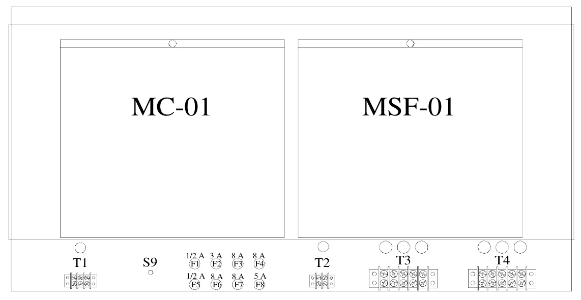 Figure 13 Access Panel Components — MC-01, MSF-01, T1, S9, 1/2 A 3 A F1 F2 1/2 A 8 A F5 F6, 8 A F3, 8 A F4 5 A F8, T2, T3, T4, 8 A F7