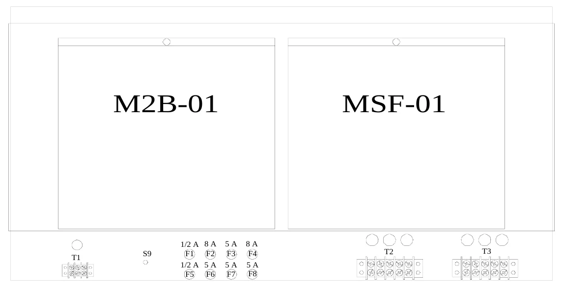 Figure 6 Access Panel Removed — M2B-01, MSF-01, 1/2 A F1 1/2 A F5, 8 A F2 5 A F6, 5 A F3 5 A F7, 8 A F4 5 A F8, T2, T3, T1, S9