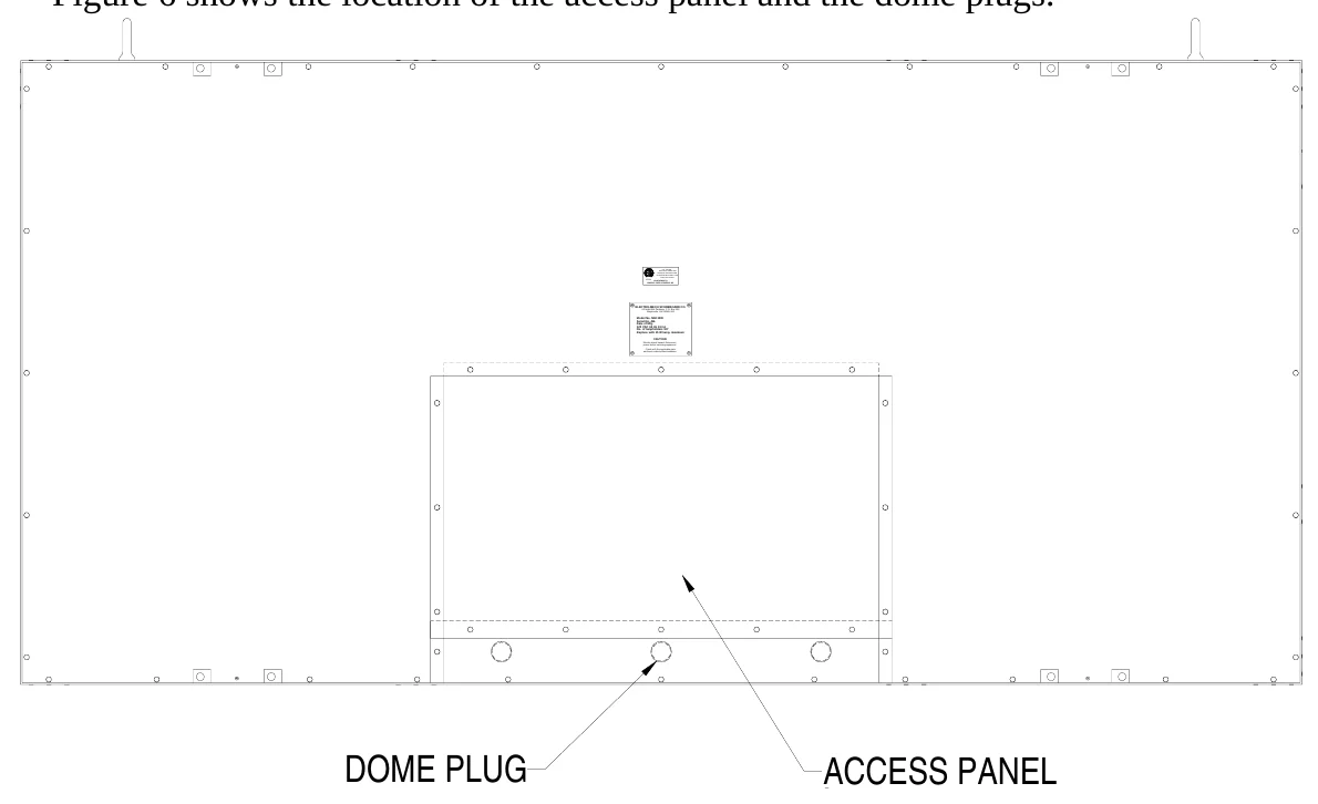 Figure 6 Rear Access Panel — 45236, L IS, ANSI/UL-1433 & ANSI/UL-48, T E D, R, US, CONFORMS TO, ETL LISTED ELECTRIC SIGNS AND CONTROL CENTERS FOR CHANGINE MESSAGE TYPE ELECTRIC SIGNS, ELECTRO-MECH SCOREBOARD CO., #3 Industrial Parkway P.O. Box 102, Wrightsville, GA 31096-0102, Electric shock hazard: Disconnect power before servicing equipment, Check with the applicable state and local codes before installation, CAUTION, DOME PLUG, ACCESS PANEL
