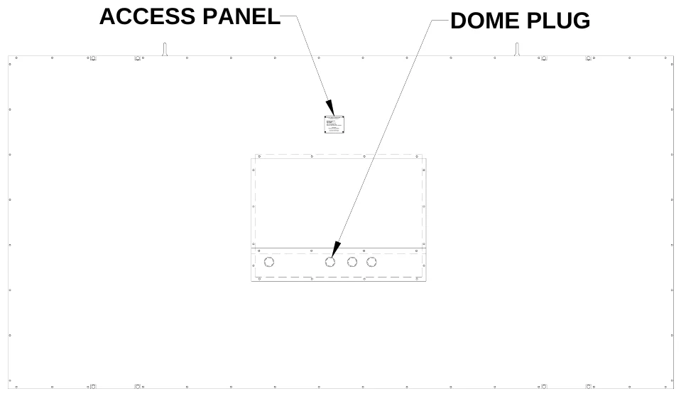 Figure 6 Rear Access Panel — ACCESS PANEL, DOME PLUG, ELECTRO-MECH SCOREBOARD CO., # 3 Indu stria l Pa rkway P.O. Bo x 1 02 Wrigh tsvil le, GA 31096-010 2, Ele ctric shoc k ha zard: Disconnect p ower before servicin g e quipment, Che ck wi th the app licab le state and l ocal code s b efo re i nstallati on, CAUTION
