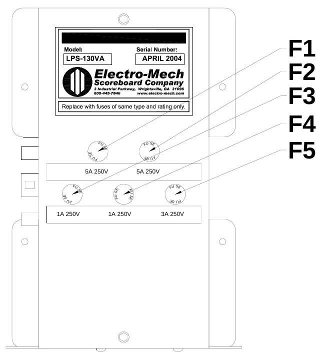 Figure 12 LPS-130VA Fuse Locations — F1 F2 F3 F4 F5, F U, S E, S F U E, J1, S E, F U, S F U E, 5A 250V, 5A 250V, J2, FU, S E, FU SE, F U S E, S F U E, S E, FU, S F U E, J3, 1A 250V, 1A 250V, 3A 250V