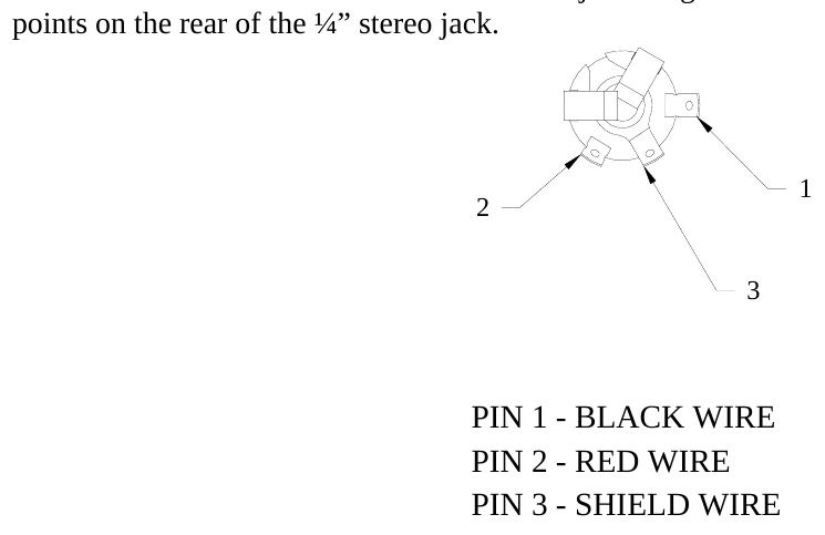Figure 9 ¼” Stereo Jack Wiring Diagram — PIN 1 - BLACK WIRE PIN 2 - RED WIRE PIN 3 - SHIELD WIRE