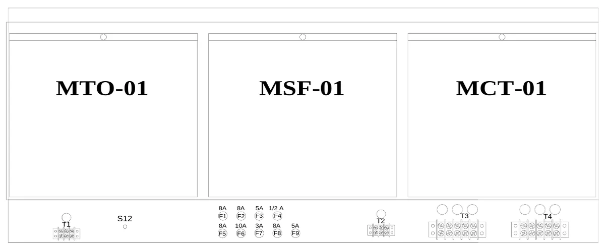 Figure 22 Upper Access Panel Components — MTO-01, MSF-01, MCT-01, 8A F1, 8A F2, 5A 1/2 A F3 F4, S12, T3, T4, T1, 8A F5, 10A F6, 3A F7, 8A F8, 5A F9, T2