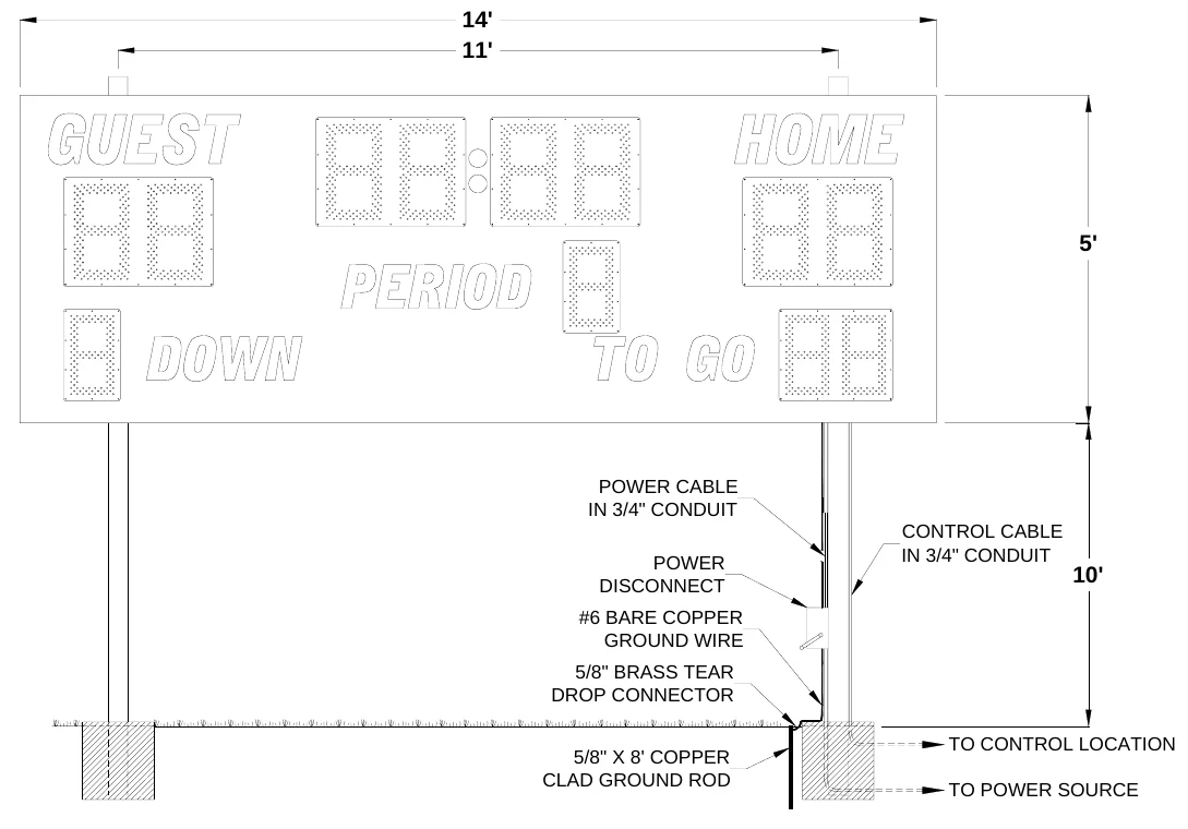 Figure 1 3230 Post Spacing — 14' 11', 5', POWER CABLE IN 3/4" CONDUIT, CONTROL CABLE IN 3/4" CONDUIT, POWER DISCONNECT, 10', #6 BARE COPPER GROUND WIRE, 5/8" BRASS TEAR DROP CONNECTOR, TO CONTROL LOCATION, 5/8" X 8' COPPER CLAD GROUND ROD, TO POWER SOURCE