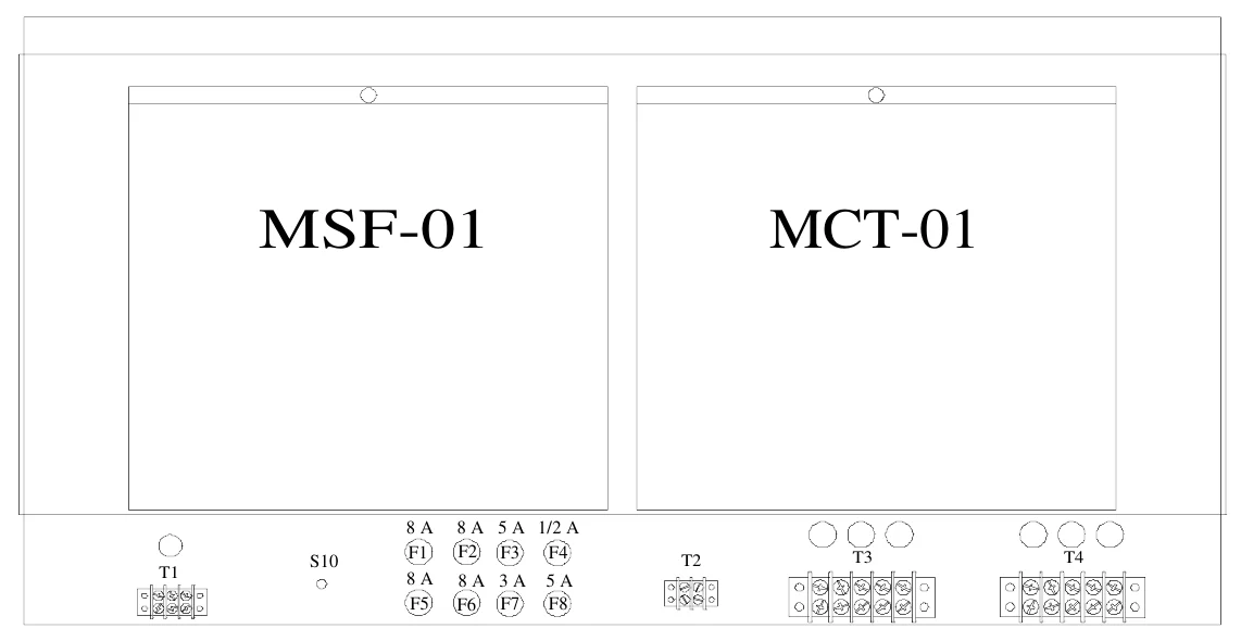 Figure 7 Upper Access Panel Removed — MSF-01, MCT-01, 8 A F1 8 A F5, 8 A 5 A 1/2 A F2 F3 F4, T3, T1, S10, T2, T4, 8 A 3 A F6 F7, 5 A F8
