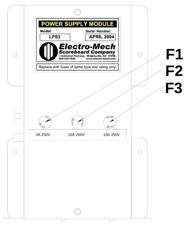 Figure 10 LPS3 Fuse Locations — F1 F2 F3, J2, F U, S E, SE, F U S E, FU SE, S F U E, F U, S F U E, J1, 3A 250V, 10A 250V, 10A 250V
