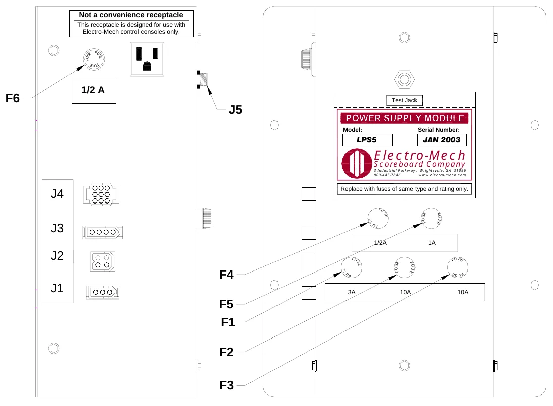 Figure 23 LPS5 Fuse Locations — Not a convenience receptacle, This receptacle is designed for use with Electro-Mech control consoles only., F U S, E, F U, S E, F U S E, 1/2 A, F6, Test Jack, J5, Model:, Serial Number:, LPS5, JAN 2003, Electro-Mech, Scoreboard Company, 3 Industrial Parkway, Wrightsville, GA 31096 800-445-7846 www.electro-mech.com, J4, Replace with fuses of same type and rating only., F U, S E, SE, F U S E, FU S E, J3, F U, 1/2A, 1A, J2, F U, S F U E, SE, S E, F U SE, F U S E, F4, FU, S F U E, J1, 3A, 10A, 10A, F5 F1, F2, F3