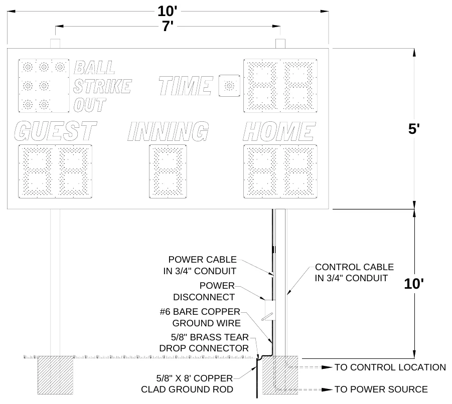 Figure 1 1340 Post Spacing — 10' 7', 5', POWER CABLE IN 3/4" CONDUIT, CONTROL CABLE IN 3/4" CONDUIT, POWER DISCONNECT, 10', #6 BARE COPPER GROUND WIRE, 5/8" BRASS TEAR DROP CONNECTOR, TO CONTROL LOCATION, 5/8" X 8' COPPER CLAD GROUND ROD, TO POWER SOURCE