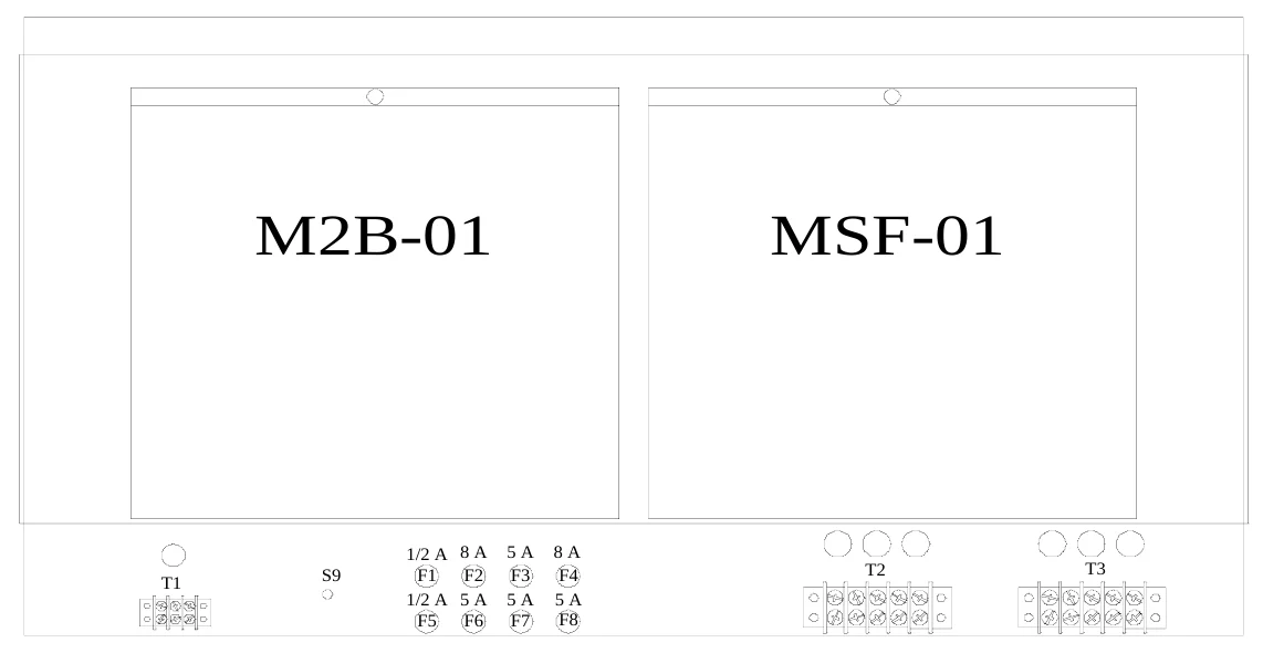 Figure 12 Access Panel Components — M2B-01, MSF-01, 1/2 A F1 1/2 A F5, 8 A F2 5 A F6, 5 A F3 5 A F7, 8 A F4 5 A F8, T2, T3, T1, S9