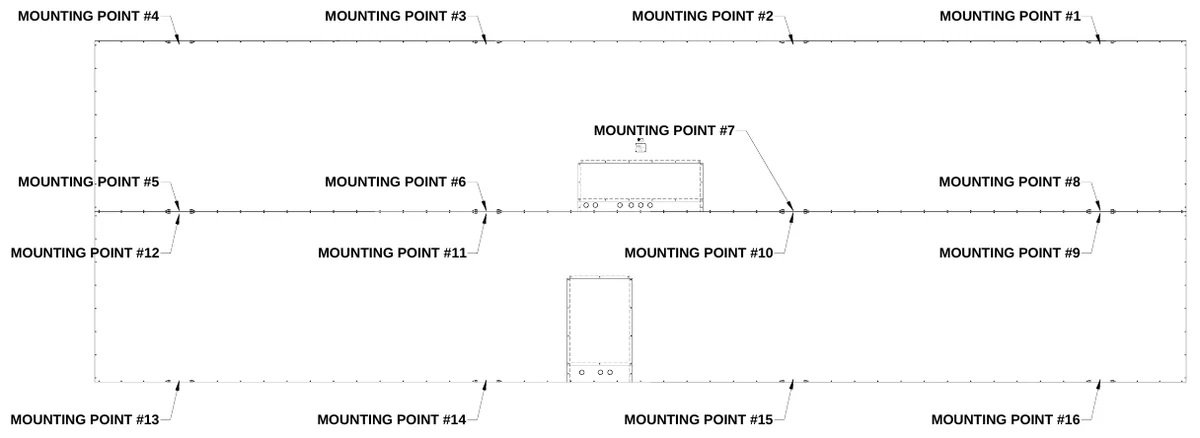 Figure 4 Mounting Points — MOUNTING POINT #4, MOUNTING POINT #3, MOUNTING POINT #2, MOUNTING POINT #1, MOUNTING POINT #7, EL ECT RO M - ECH SCOREBOARD CO., #3 I nd ust r a i l P ar kw ay P. O. Bo x 102, C heck wi th t he appl c i able stat e a nd o l cal co des bef ore n i stal a t o i n, E e l ct ri c sho ck ha zard : Di scon nect, po wer b efo re ser vic n i g equ p i me nt, C ONFO RM S TO AN SI /U L-1 433 & ANSI /UL- 48, Wr g i htsvi e l , GA 3 1096-0 102, CAUTION, CH ANG INE MESSAGE TYPE ELEC TRI C SIGNS, ETL LISTED ELECTRI C SIGNS AND CONTR OL CENTER S FOR, MOUNTING POINT #5, MOUNTING POINT #6, MOUNTING POINT #8, MOUNTING POINT #12, MOUNTING POINT #11, MOUNTING POINT #10, MOUNTING POINT #9, MOUNTING POINT #13, MOUNTING POINT #14, MOUNTING POINT #15, MOUNTING POINT #16