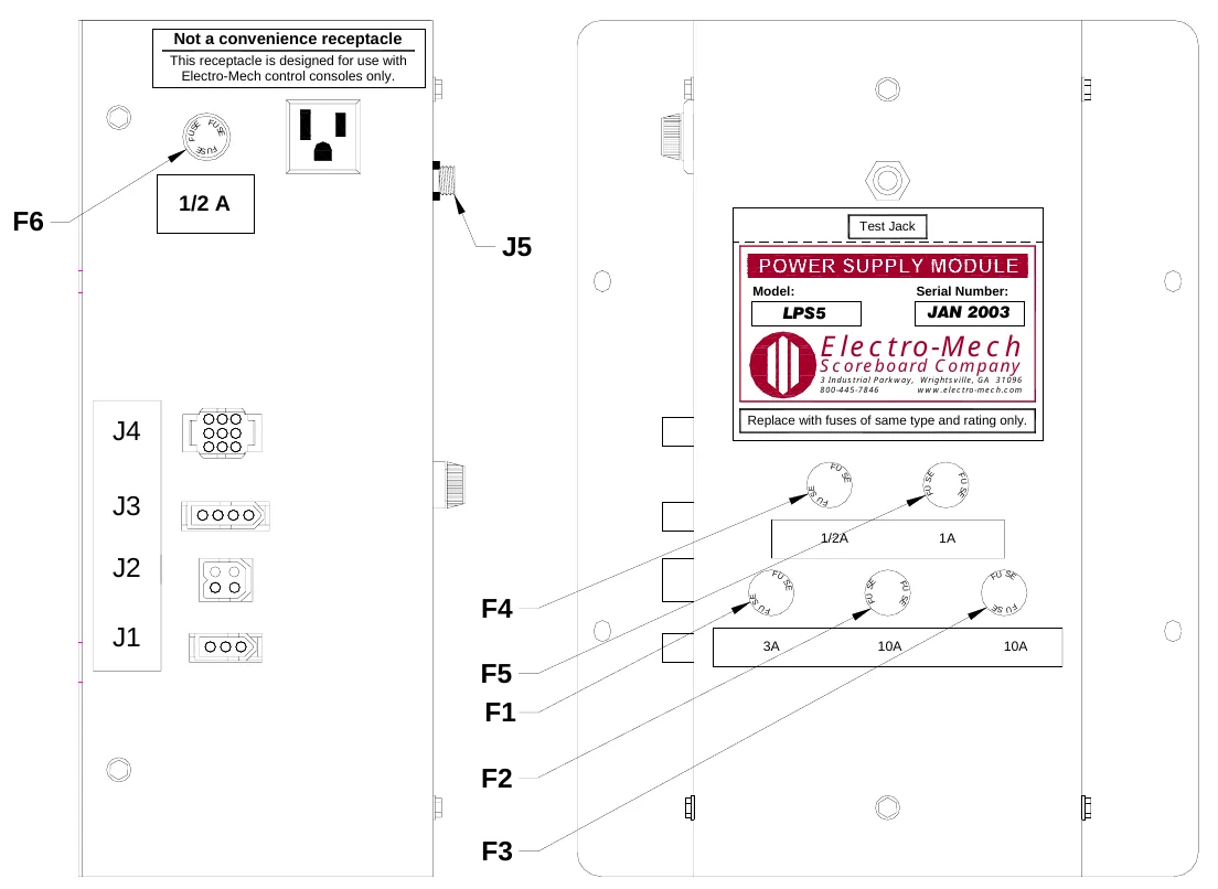 Figure 23 LPS5 Fuse Locations — Not a convenience receptacle, This receptacle is designed for use with Electro-Mech control consoles only., F U S, E, F U, S E, F U S E, 1/2 A, F6, Test Jack, J5, Model:, Serial Number:, LPS5, JAN 2003, Electro-Mech, Scoreboard Company, 3 Industrial Parkway, Wrightsville, GA 31096 800-445-7846 www.electro-mech.com, J4, Replace with fuses of same type and rating only., F U, S E, SE, F U S E, FU S E, J3, F U, 1/2A, 1A, J2, F U, S F U E, SE, S E, F U SE, F U S E, F4, FU, S F U E, J1, 3A, 10A, 10A, F5 F1, F2, F3