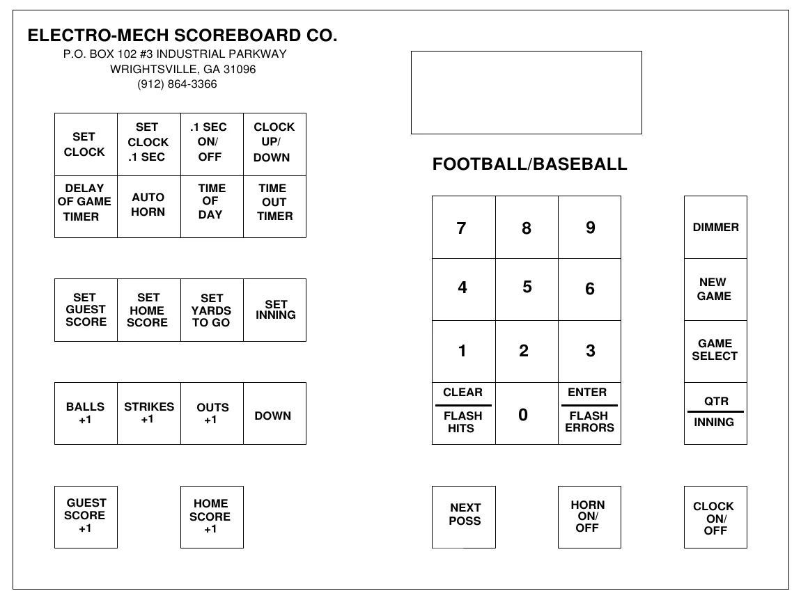 Figure 16 Keypad Layout — ELECTRO-MECH SCOREBOARD CO., P.O. BOX 102 #3 INDUSTRIAL PARKWAY WRIGHTSVILLE, GA 31096 (912) 864-3366, SET CLOCK .1 SEC, .1 SEC ON/ OFF, CLOCK UP/ DOWN, SET CLOCK, FOOTBALL/BASEBALL, DELAY OF GAME TIMER, TIME OF DAY, TIME OUT TIMER, AUTO HORN, 7, 8, 9, DIMMER, 4, 5, 6, NEW GAME, SET GUEST SCORE, SET HOME SCORE, SET YARDS TO GO, SET INNING, 1, 2, 3, GAME SELECT, CLEAR, ENTER, BALLS +1, STRIKES +1, OUTS +1, QTR, DOWN, FLASH HITS, 0, FLASH ERRORS, INNING, GUEST SCORE +1, HOME SCORE +1, NEXT POSS, HORN ON/ OFF, CLOCK ON/ OFF