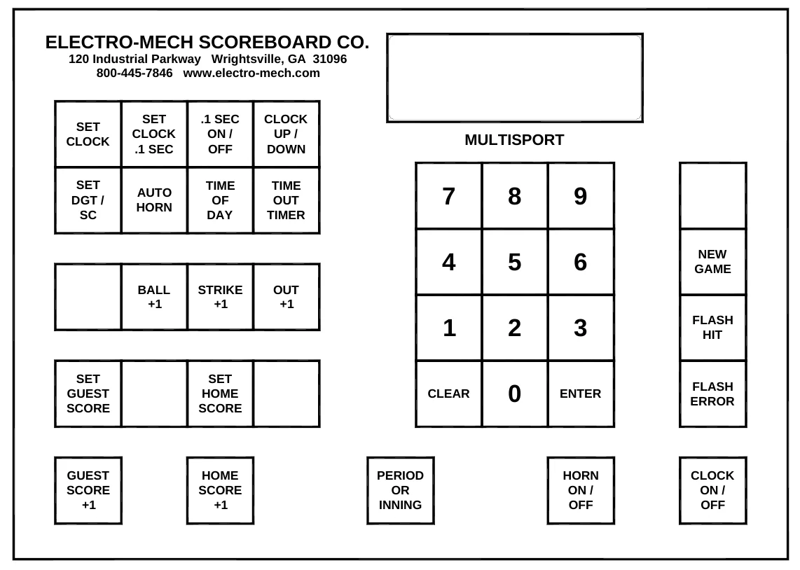 Figure 14 Keypad Layout — ELECTRO-MECH SCOREBOARD CO., 120 Industrial Parkway Wrightsville, GA 31096 800-445-7846 www.electro-mech.com, SET CLOCK, SET CLOCK .1 SEC, .1 SEC ON / OFF, CLOCK UP / DOWN, MULTISPORT, SET DGT / SC, AUTO HORN, TIME OF DAY, TIME OUT TIMER, NEW GAME, BALL +1, STRIKE +1, OUT +1, FLASH HIT, SET GUEST SCORE, SET HOME SCORE, CLEAR, ENTER, FLASH ERROR, GUEST SCORE +1, HOME SCORE +1, PERIOD OR INNING, HORN ON / OFF, CLOCK ON / OFF
